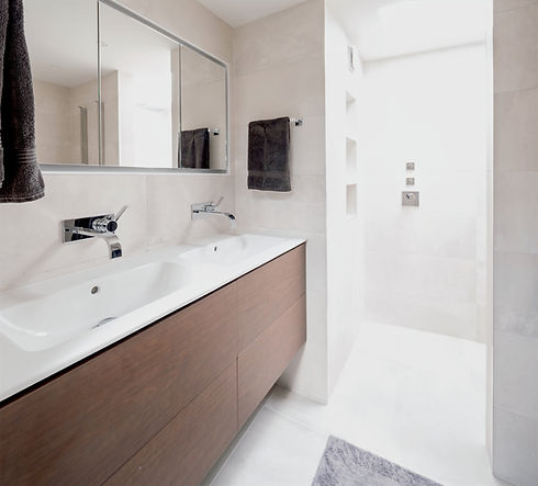 Modern bathroom: double sink vanity, shower