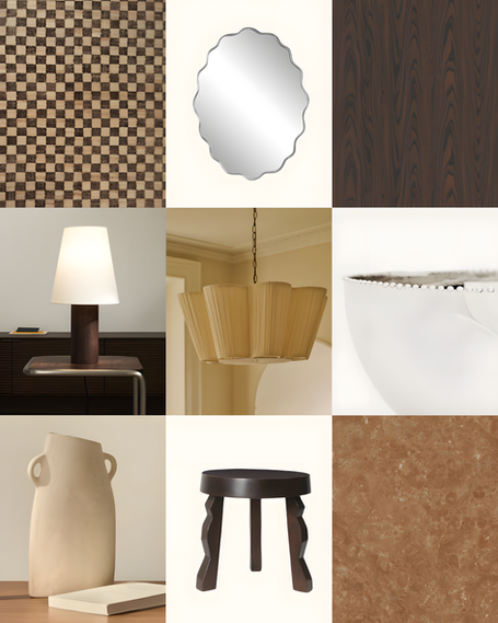 Various interior design elements, including decor and furniture pieces. interior design portfolio Kachi Interiors.