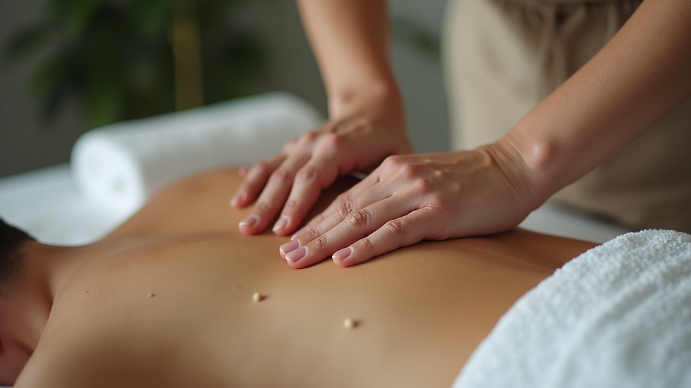Close-up view of a therapist’s hands performing gentle acupressure on a client’s back