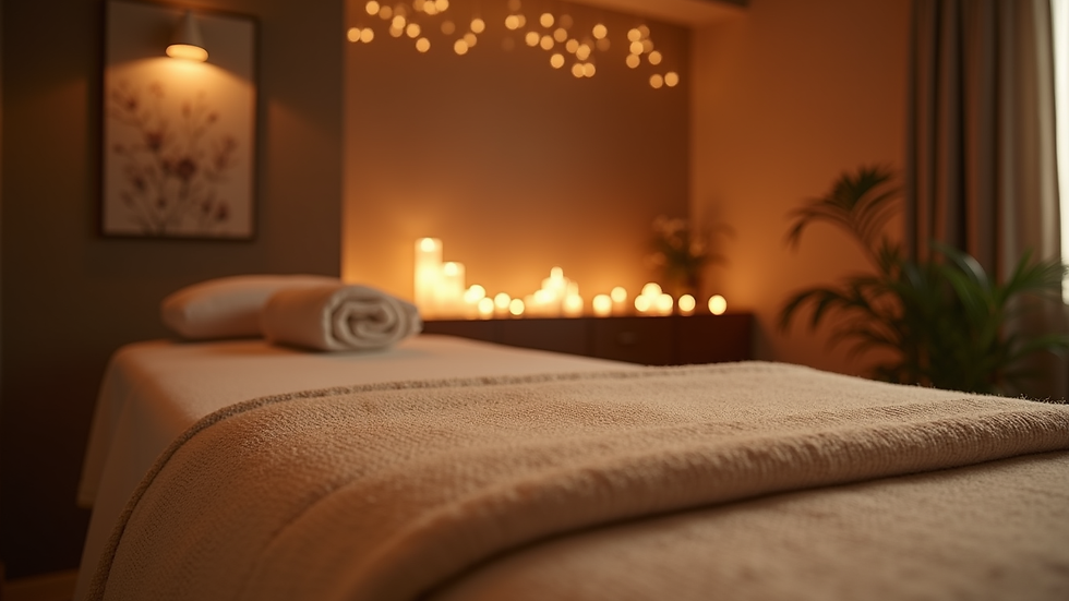 Eye-level view of a serene massage room with dim lighting and calming decor