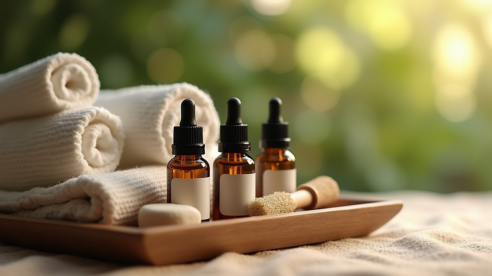 Close-up view of essential oils and massage tools arranged on a wooden tray