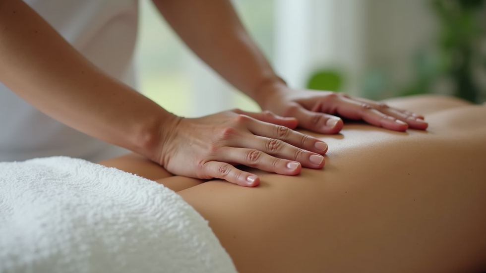 Close-up view of a peaceful massage therapist’s hands applying gentle pressure on a client’s back