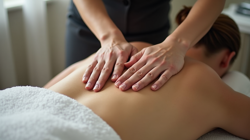 Close-up view of a massage therapist’s hands applying gentle pressure on a client’s back