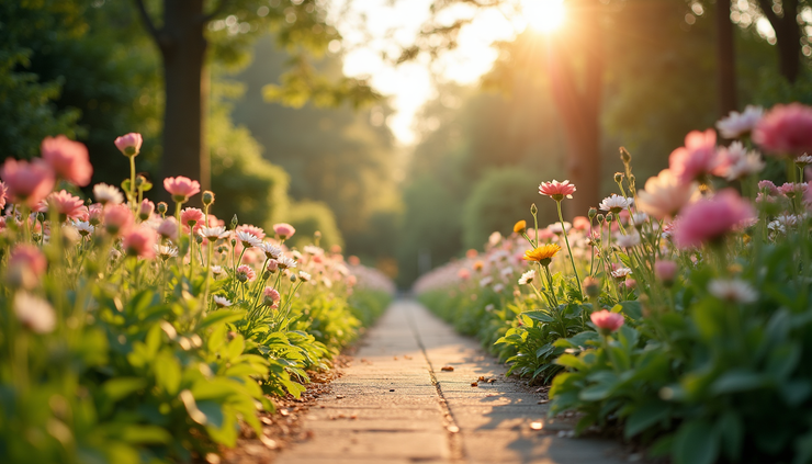 High angle view of a peaceful garden path lined with blooming flowers and soft sunlight