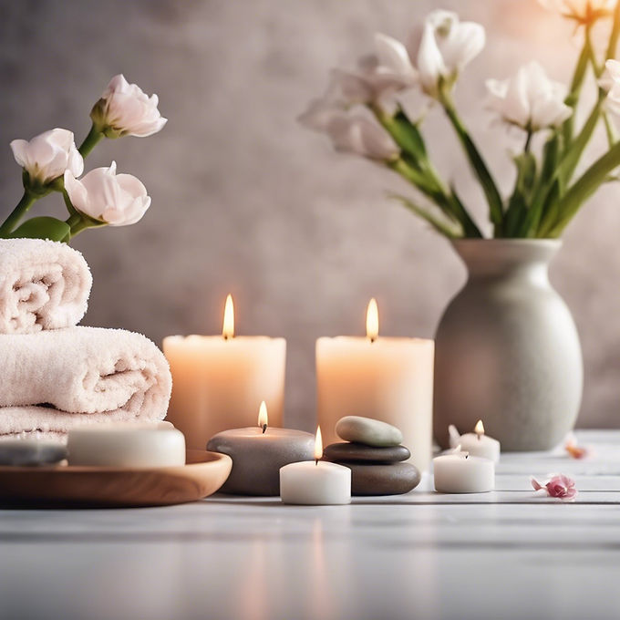 Spa setting with candles, towels, flowers and water.jpg