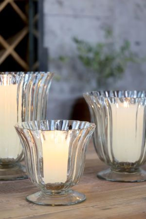 Thumbnail: Footed Glass Hurricane Vase With Scalloped Edge