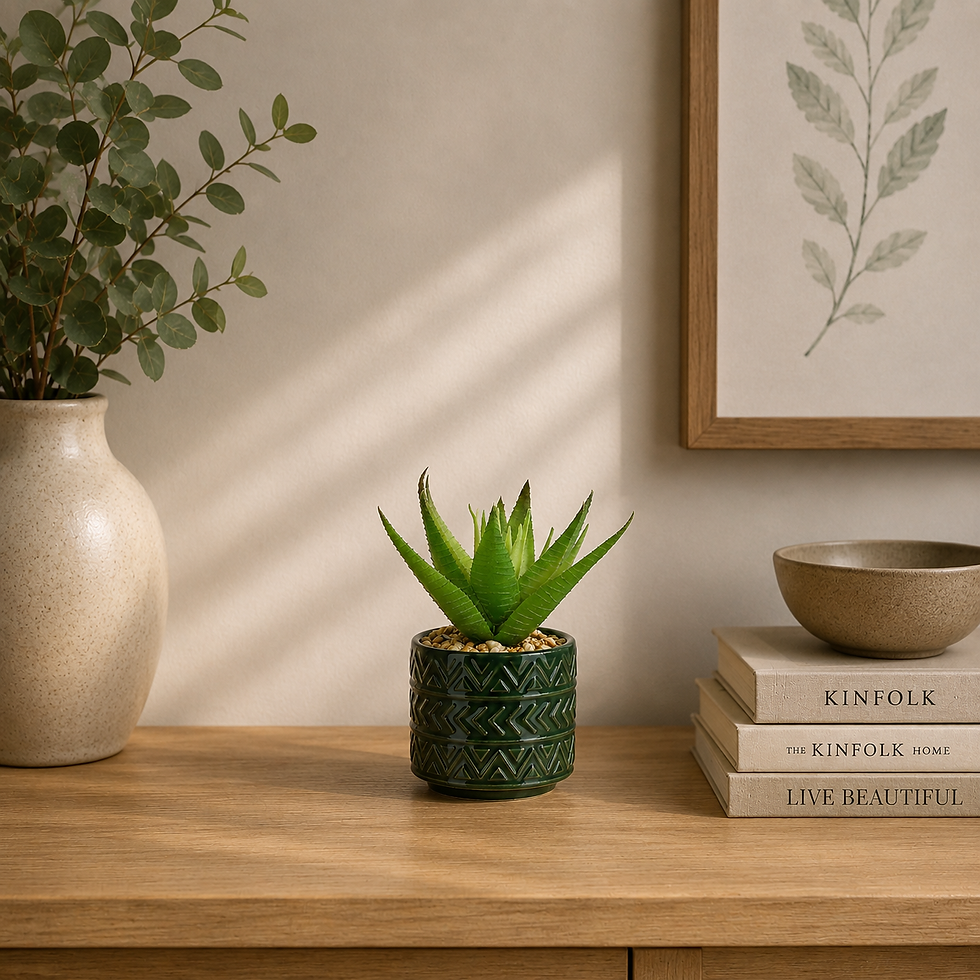 Spikey Succulent in Green Aztec Design Ceramic Pot