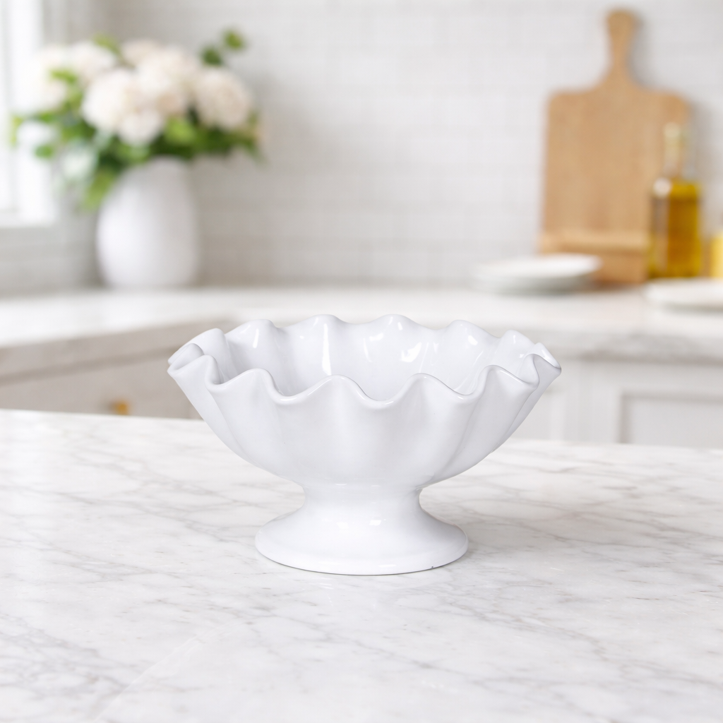 White Ruffled Ceramic Footed Bowl