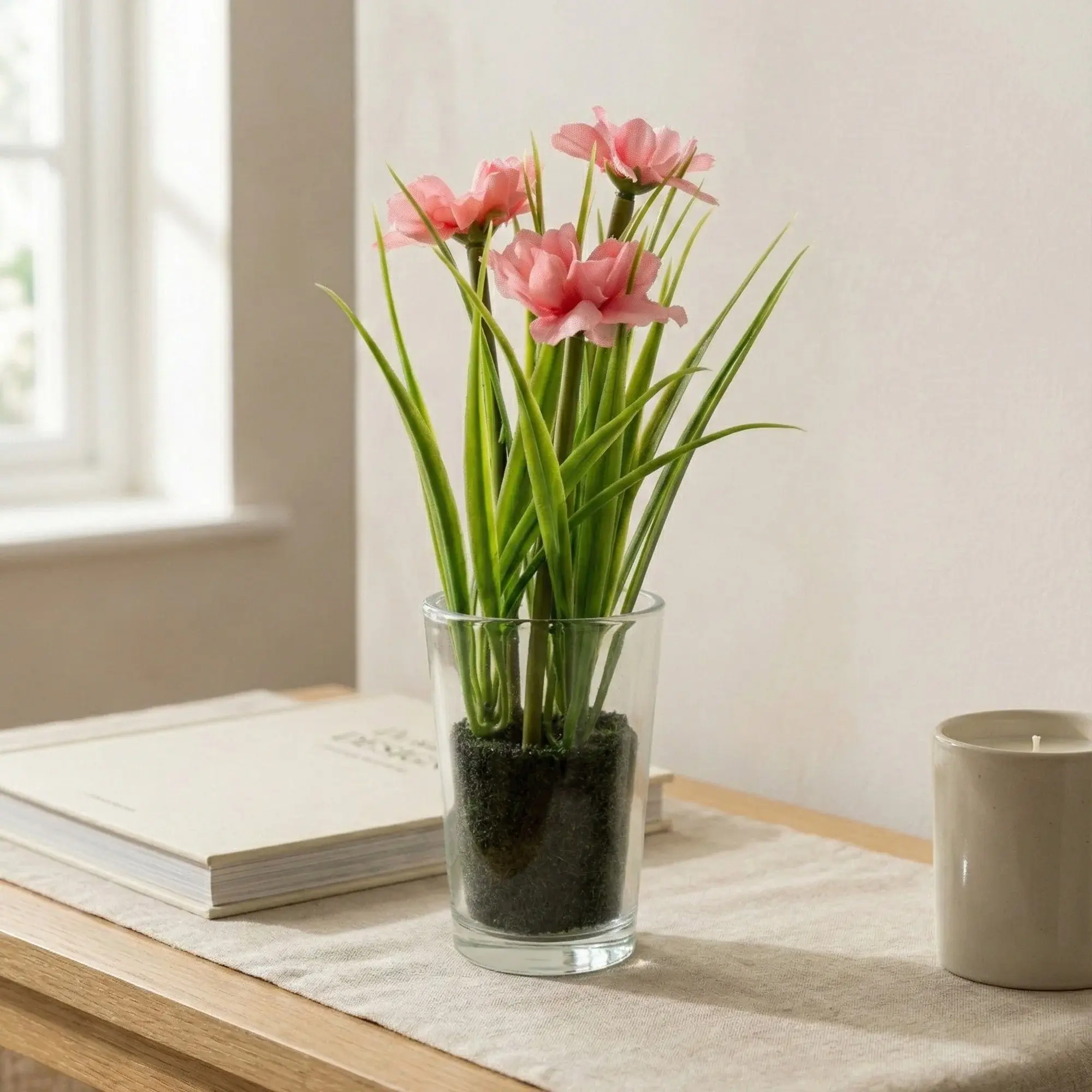 Faux Pink Daisy in Glass Vase
