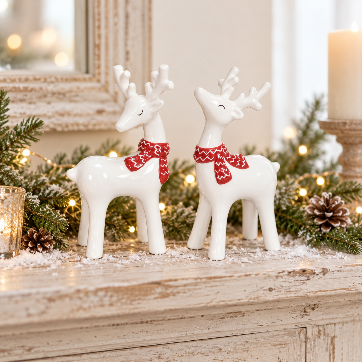 Set of 2 White Ceramic Christmas Reindeer
