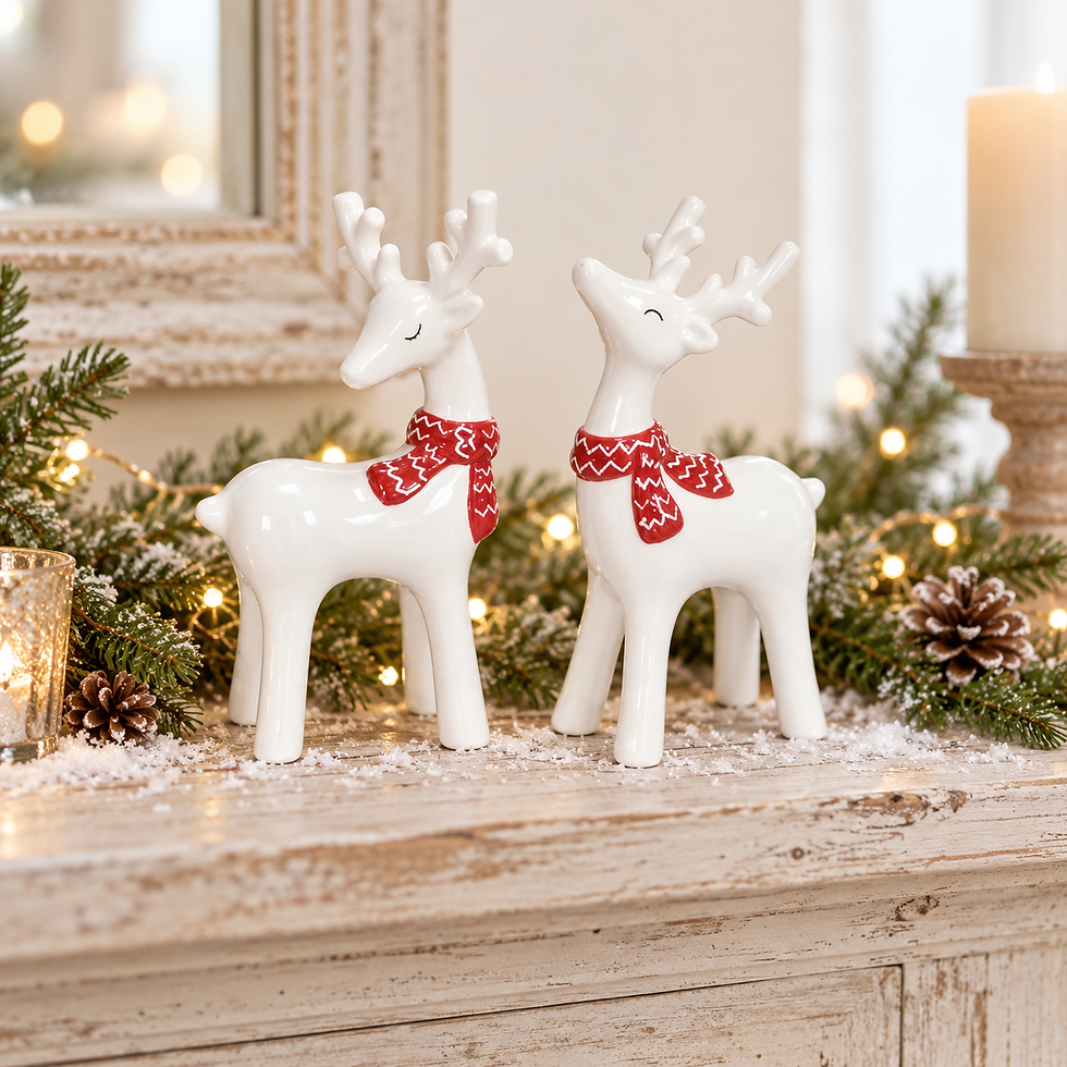 Set of 2 White Ceramic Christmas Reindeer