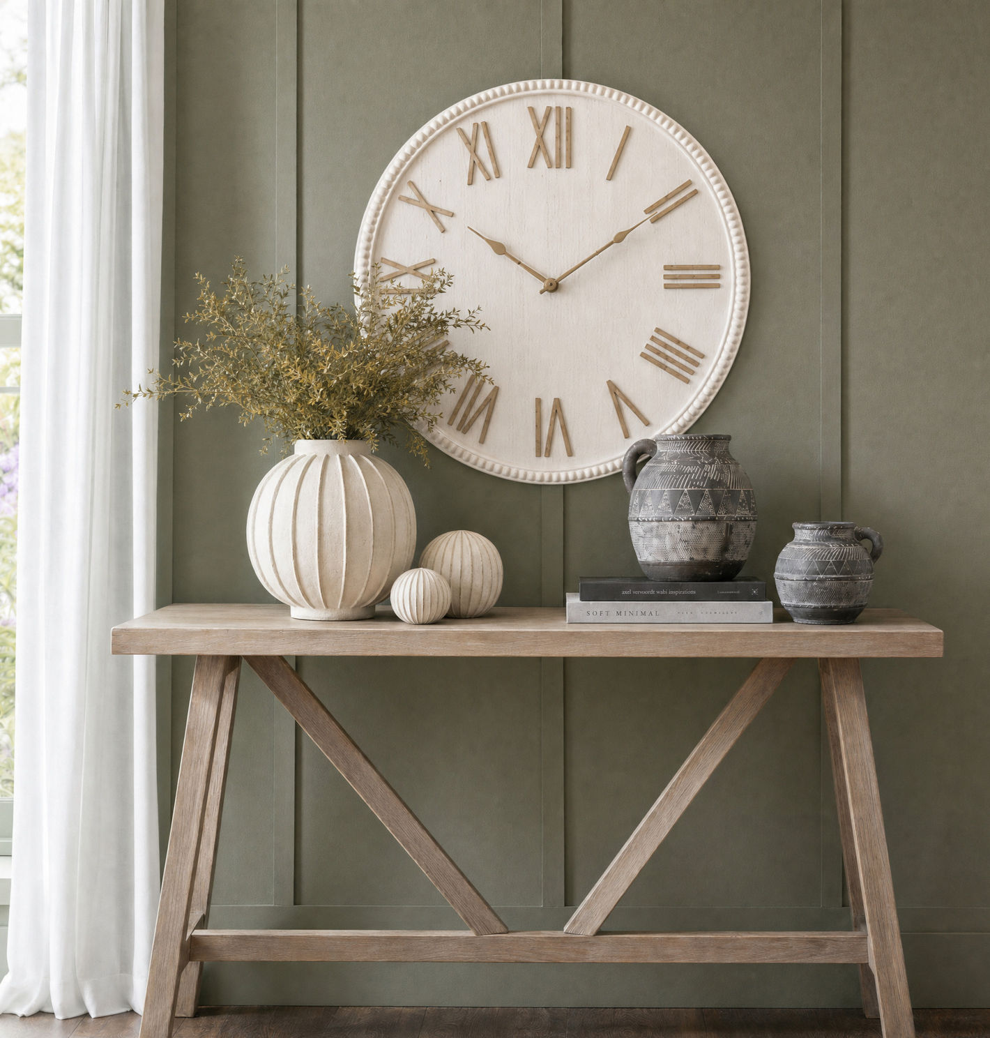 Large Rustic White Clock With Beaded Frame