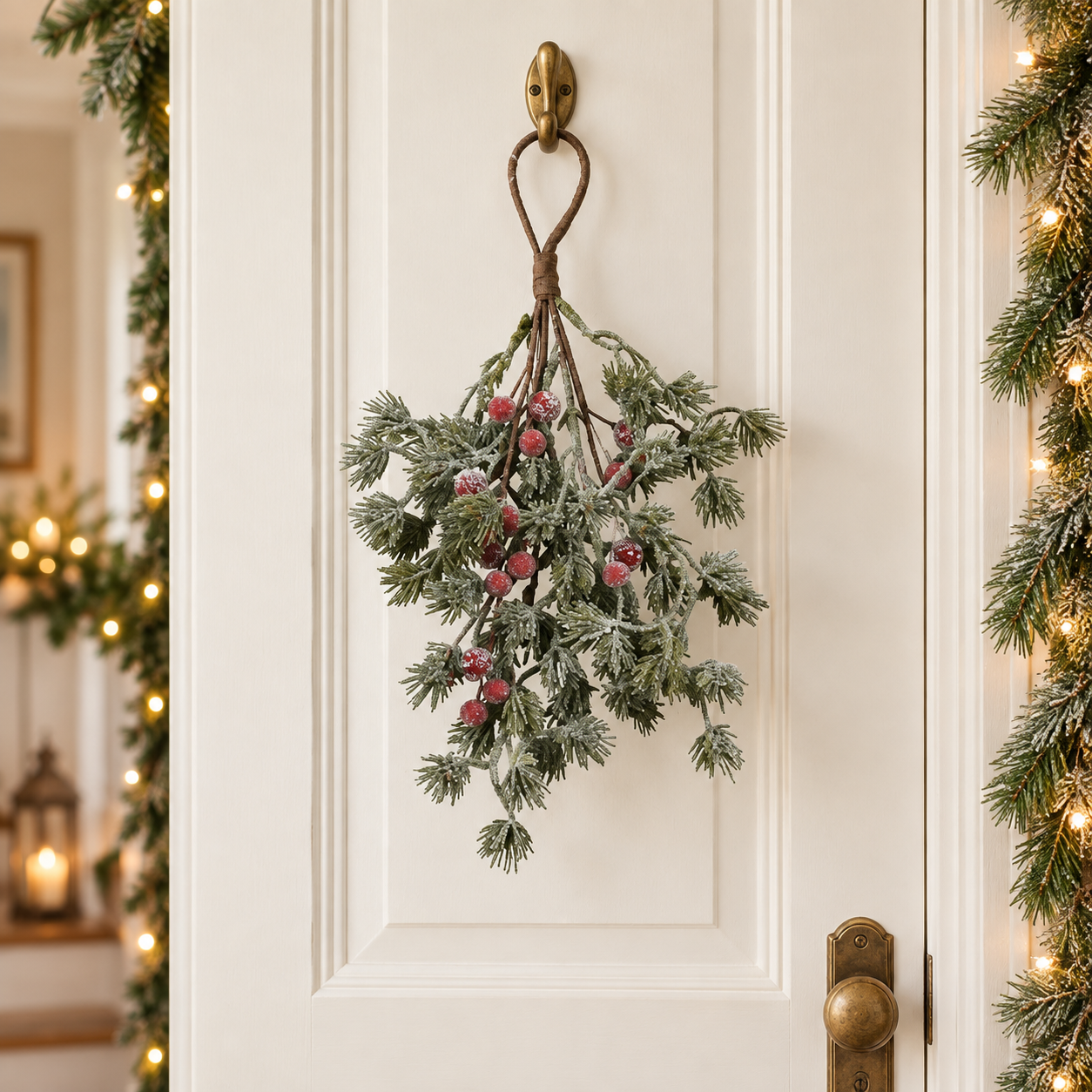 Frosted Pine and Red Berry Christmas Door Swag