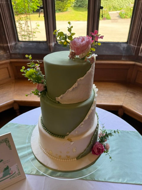 sage greem & white wedding cake