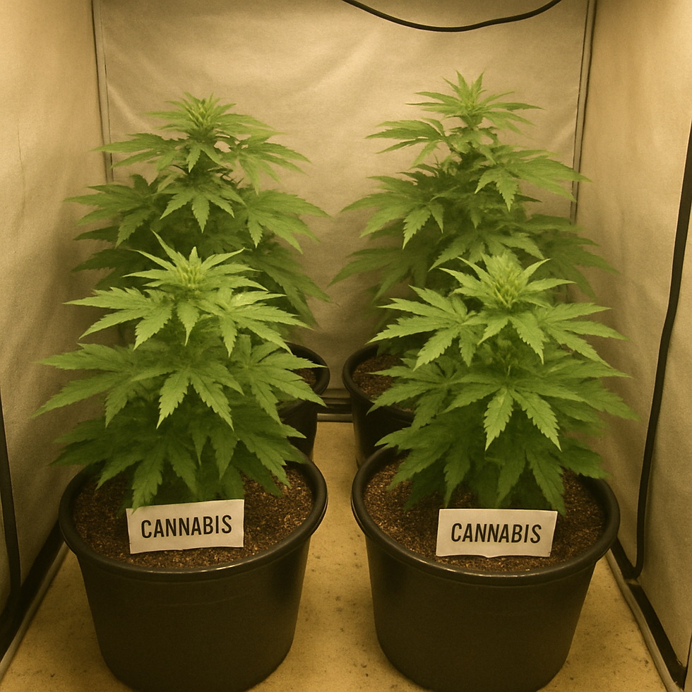Four cannabis plants in black pots in a grow tent, labeled "CANNABIS." Green leaves, beige background, well-lit environment.