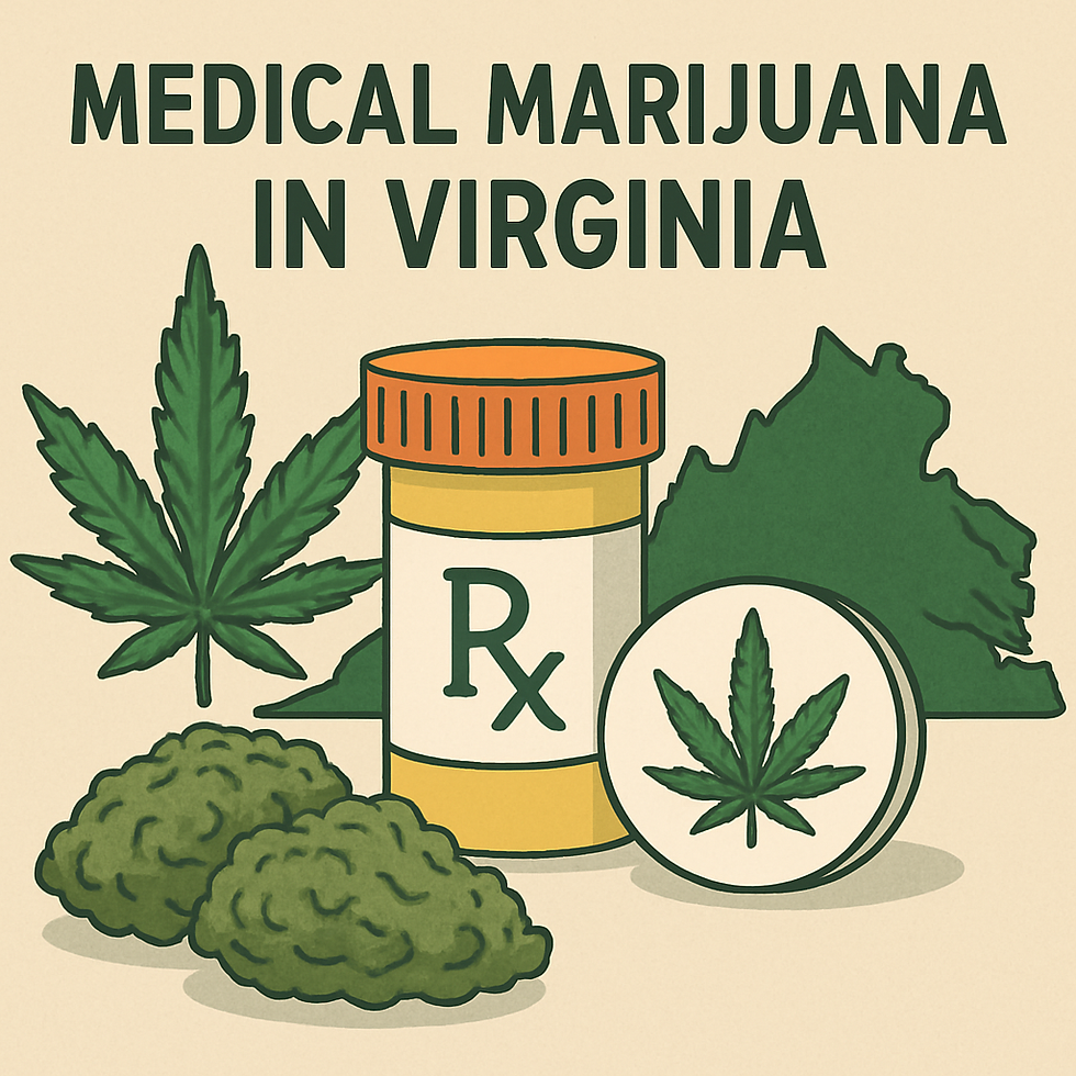 Prescription bottle, cannabis leaves, and buds on beige background. Text: "Medical Marijuana in Virginia" in bold green. Mood is informative.