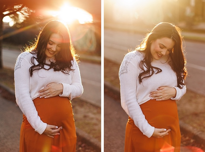 Gestante ao pôr do sol posando para ensaio fotográfico de gestante