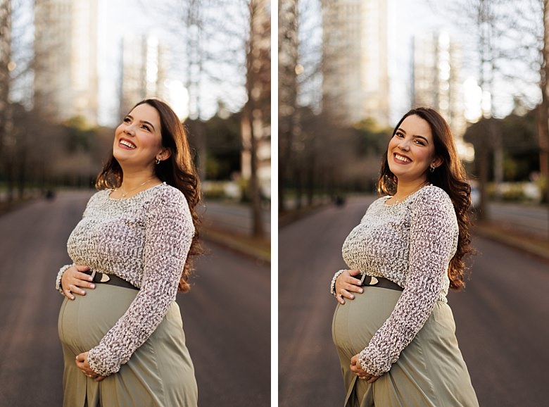 Gestante ao pôr do sol posando para ensaio fotográfico de gestante