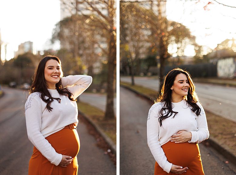 Gestante ao pôr do sol posando para ensaio fotográfico de gestante