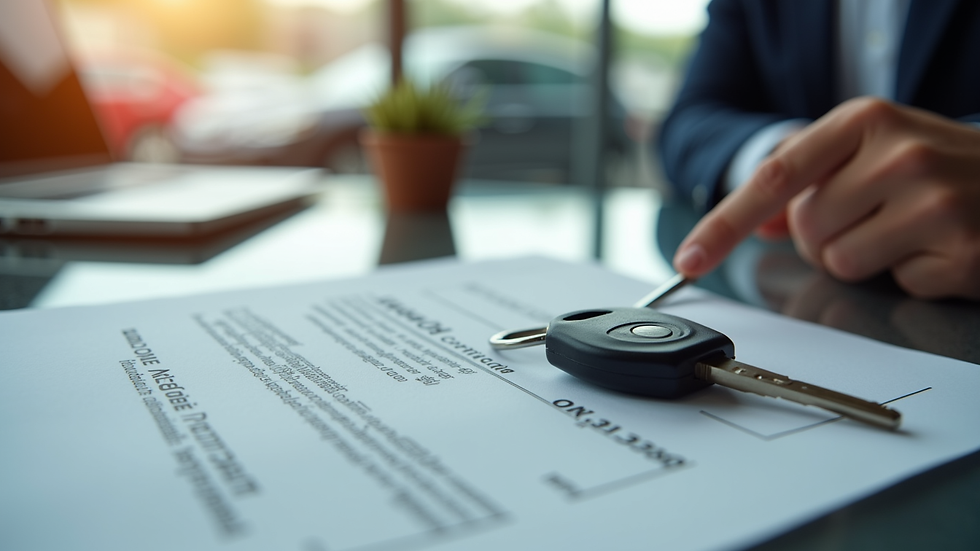Close-up view of a car key and contract on a dealership desk