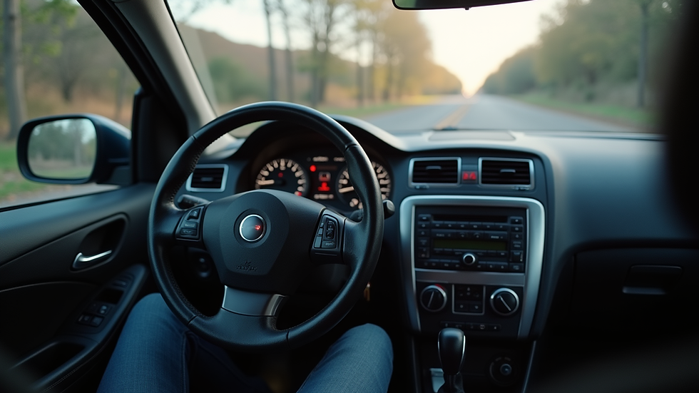 Close-up view of a used car dashboard and steering wheel