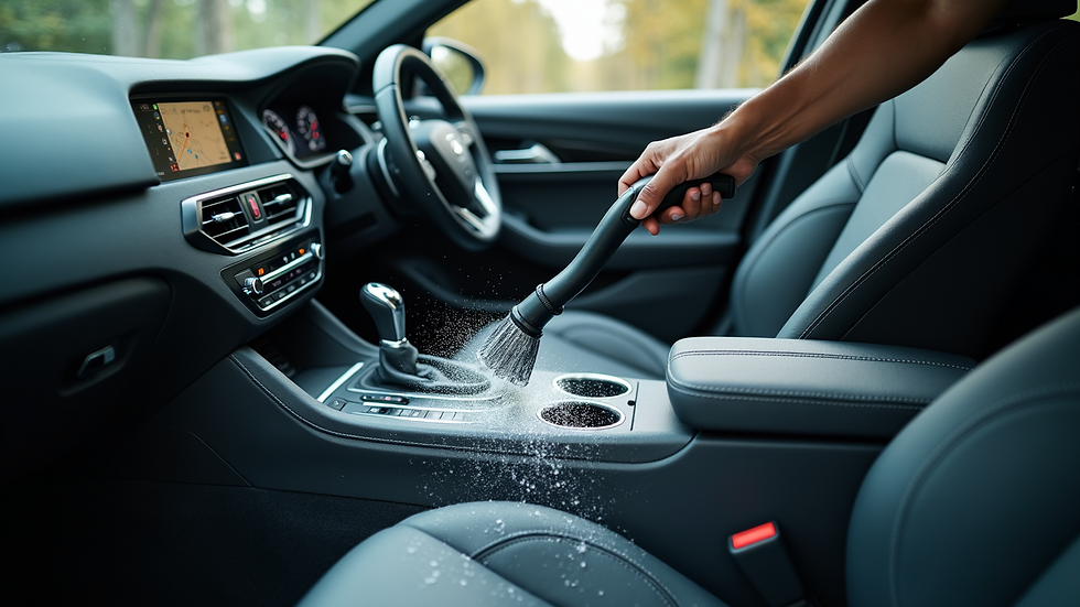 Close-up view of a car interior being vacuumed and cleaned