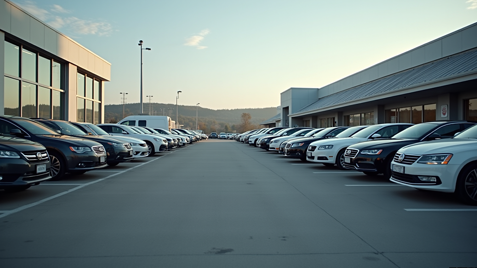 Eye-level view of a car dealership lot with various used cars parked