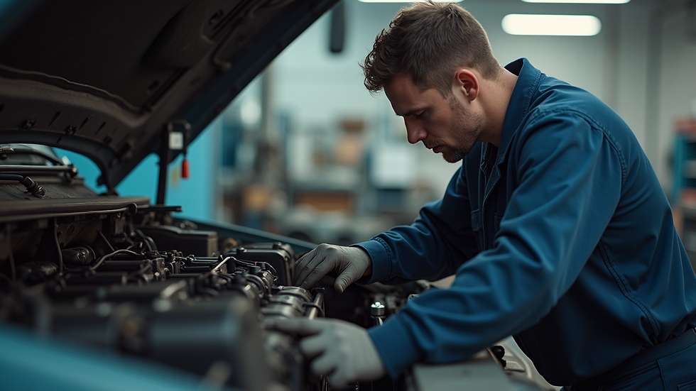 Close-up view of a mechanic inspecting a used truck engine