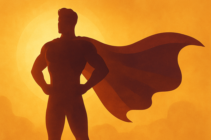 Illustration of a superhero silhouette in a powerful stance with a flowing cape, set against a warm golden background.  promoting a guided hypnosis for emotional healing and anxiety relief called the hero within