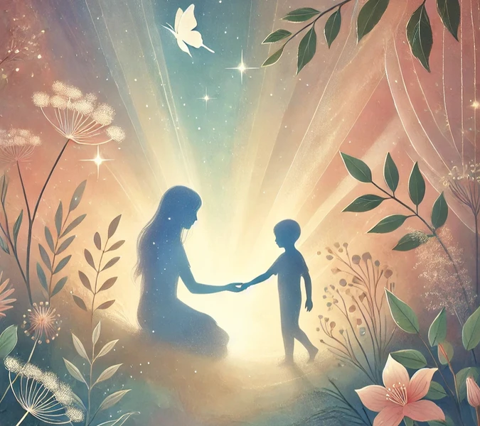 A serene digital illustration of a woman kneeling and holding hands with their inner child