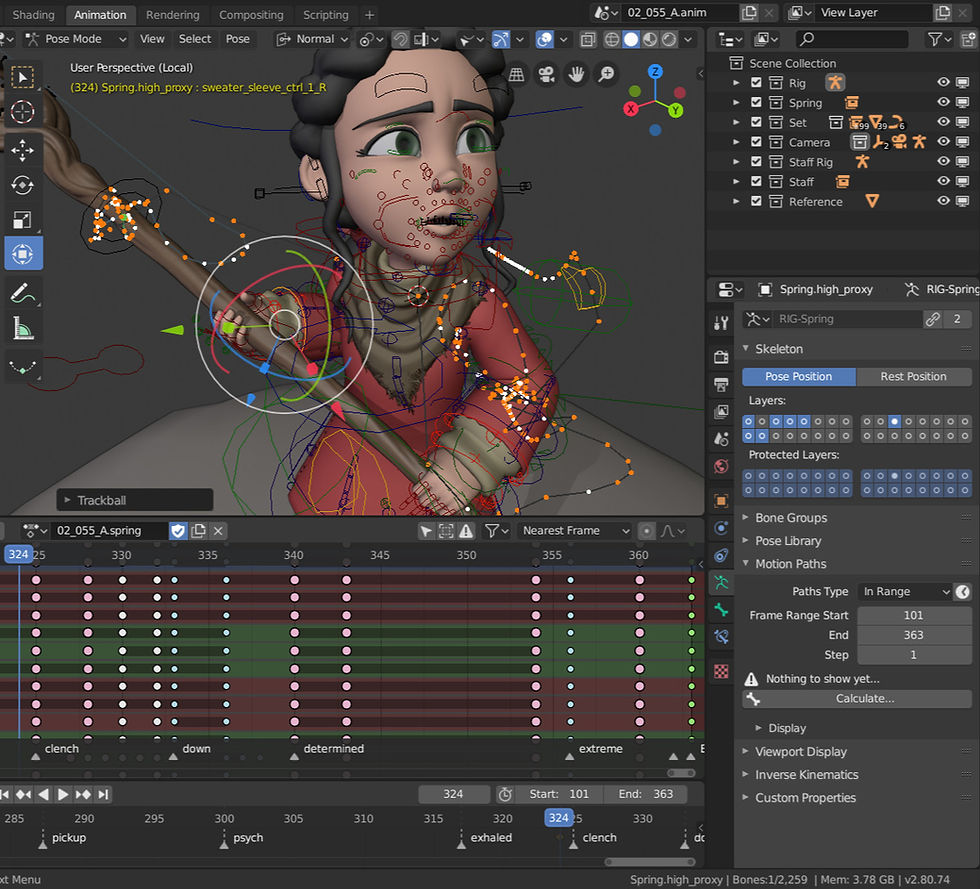 Blender animation workspace showing a rigged girl character in Pose Mode with bone controls, motion paths, and timeline keyframes labeled pickup, psych, exhaled, clench