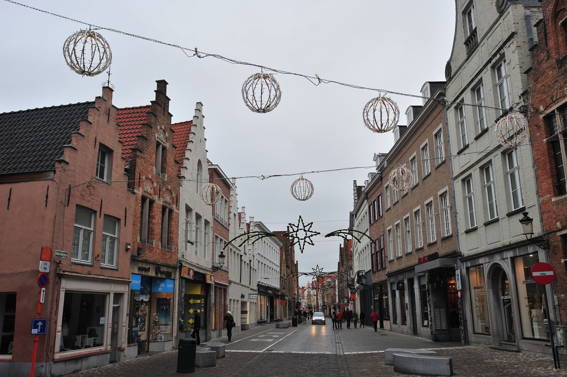 Bruges shopping street in Christmas Day