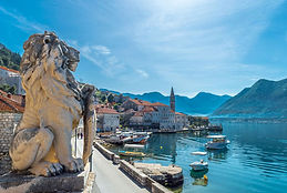 Perast waterfront and Bay of Kotor — luxury yacht charter Montenegro Adriatic.