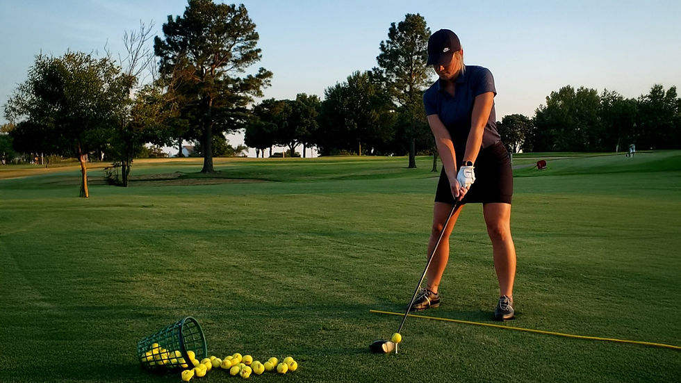 Eye-level view of a golf training aid showing swing plane alignment