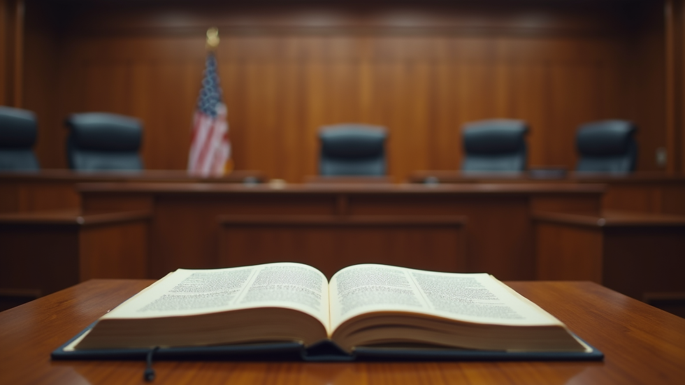 Eye-level view of a courtroom with a judge's bench and legal books