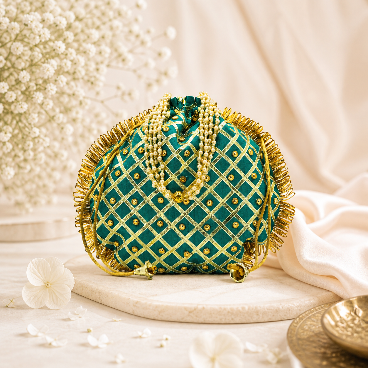 Designer Teal Green Bridal Potli Bag | Wedding Purse for Women