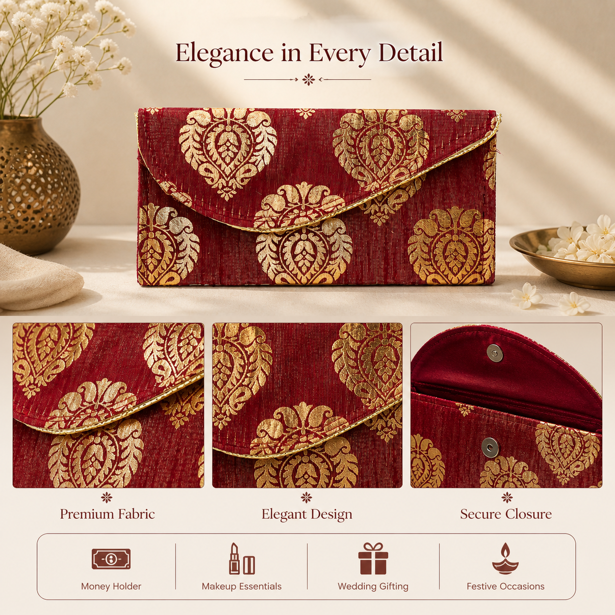 Designer Maroon Brocade Clutch Wallet for Women | Ethnic Envelope Purse