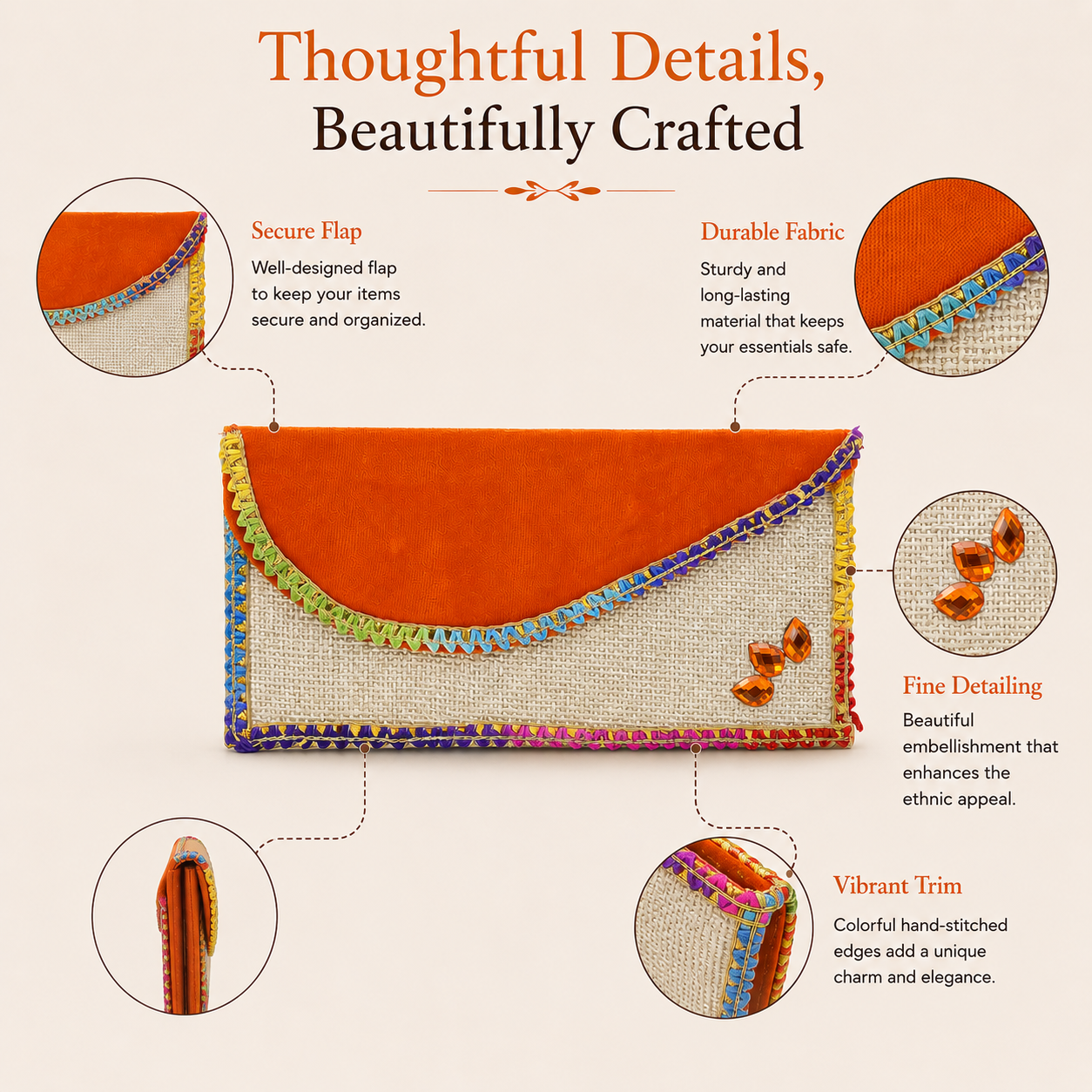 Multicolor Embroidered Border Envelope Clutch Wallet