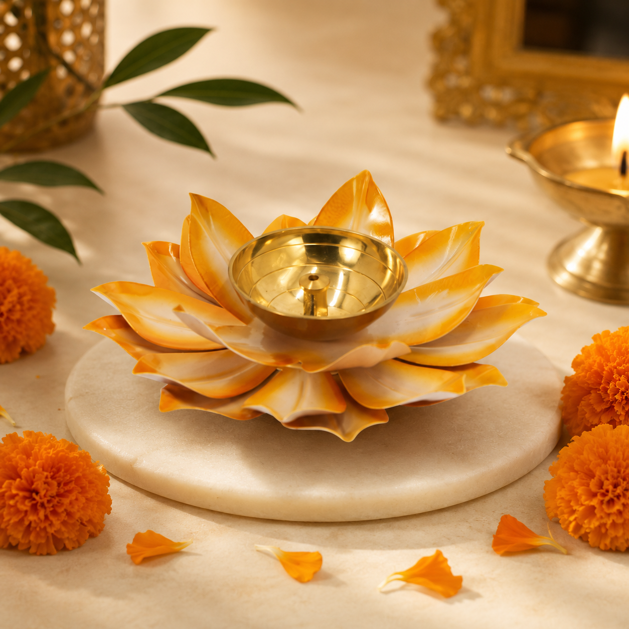 Handcrafted Lotus Diya Holder for Home Temple, Pooja Room