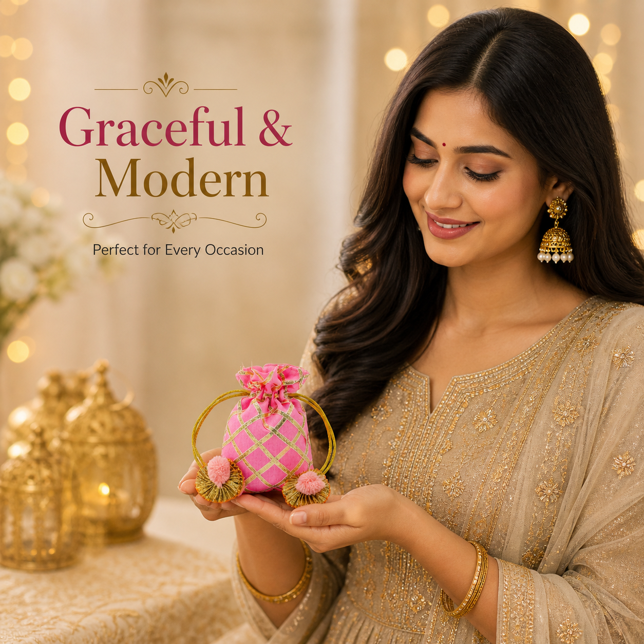 Designer Pink Potli Bag for Women | Gold Embroidered Bridal Wedding Purse