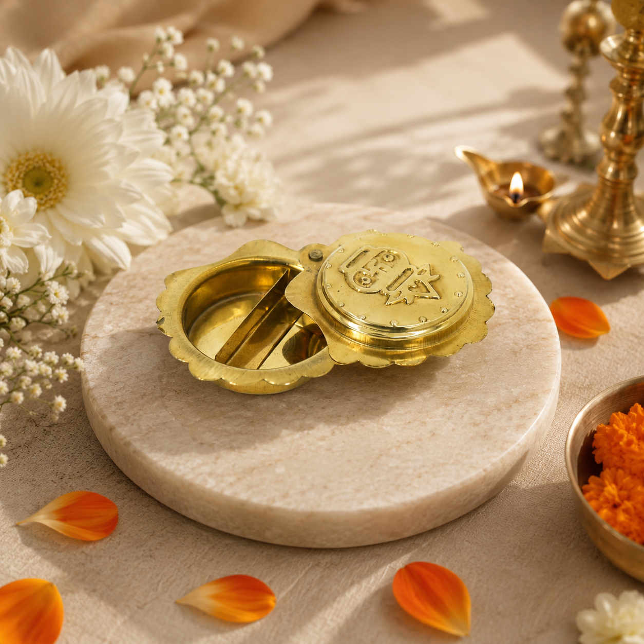 Traditional Brass Kumkum Box with Lid for Pooja Rituals & Home Temple