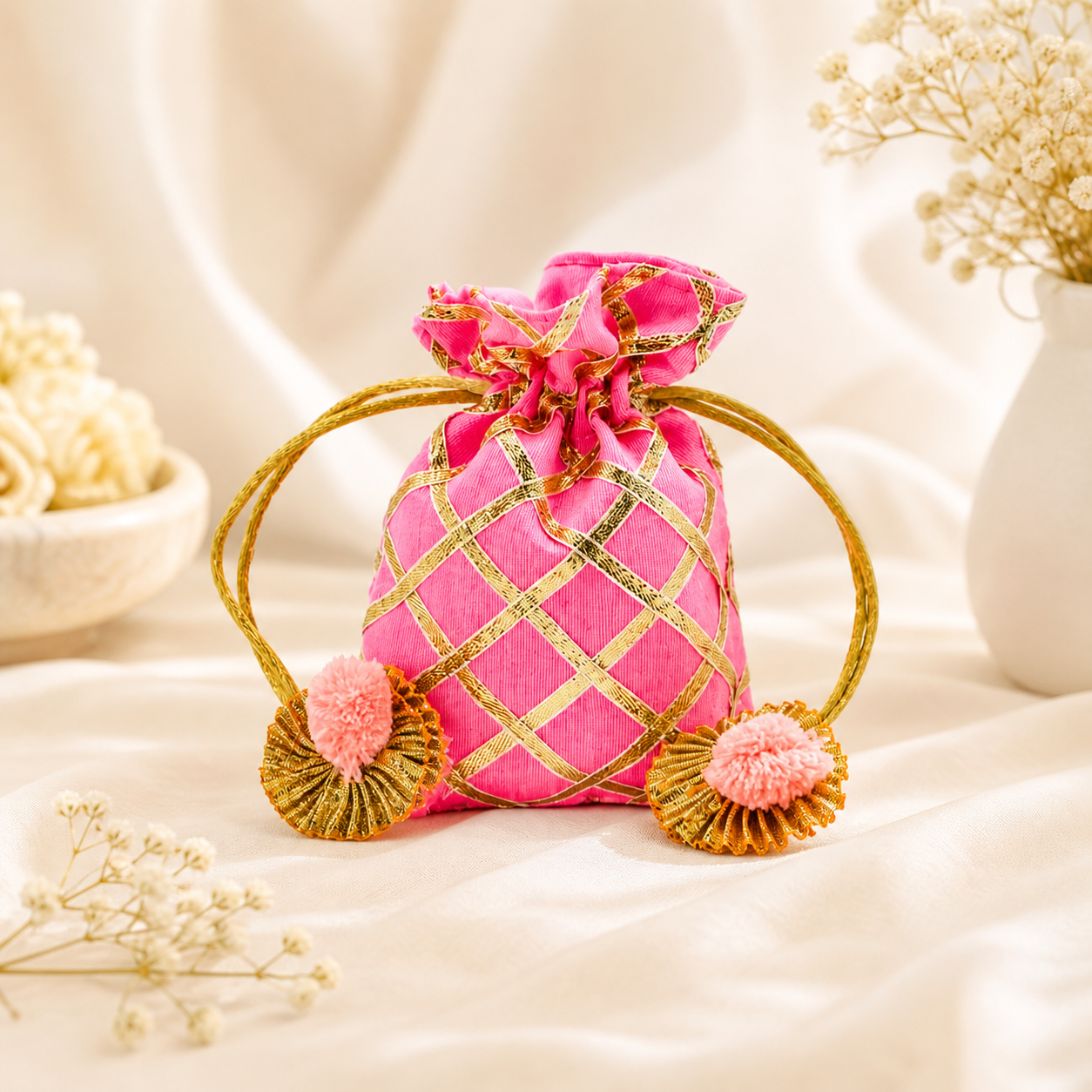 Designer Pink Potli Bag for Women | Gold Embroidered Bridal Wedding Purse