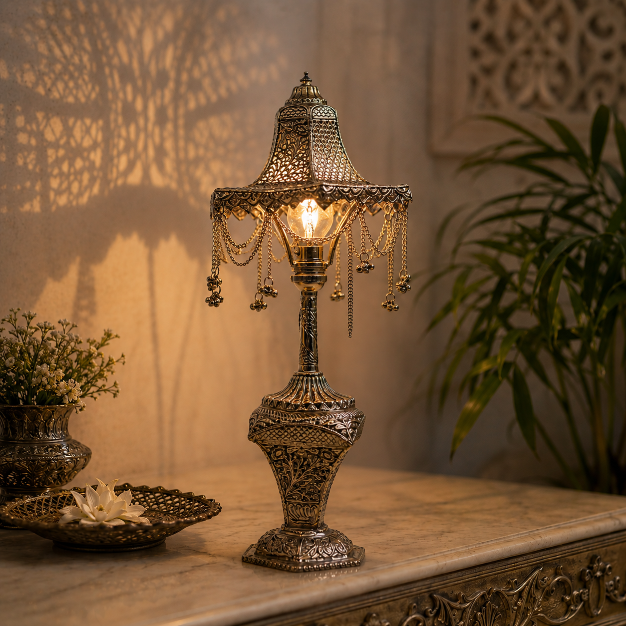 Moroccan Style Home Decor Table Lamp | Pure German Silver
