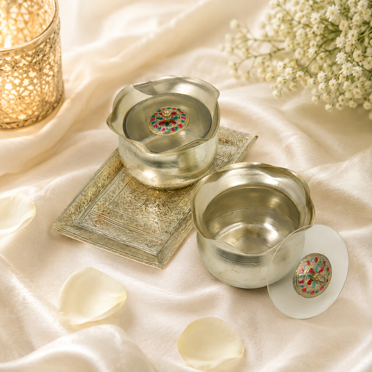Twin Storage Bowl Set with Decorative Serving Tray | Pure German Silver