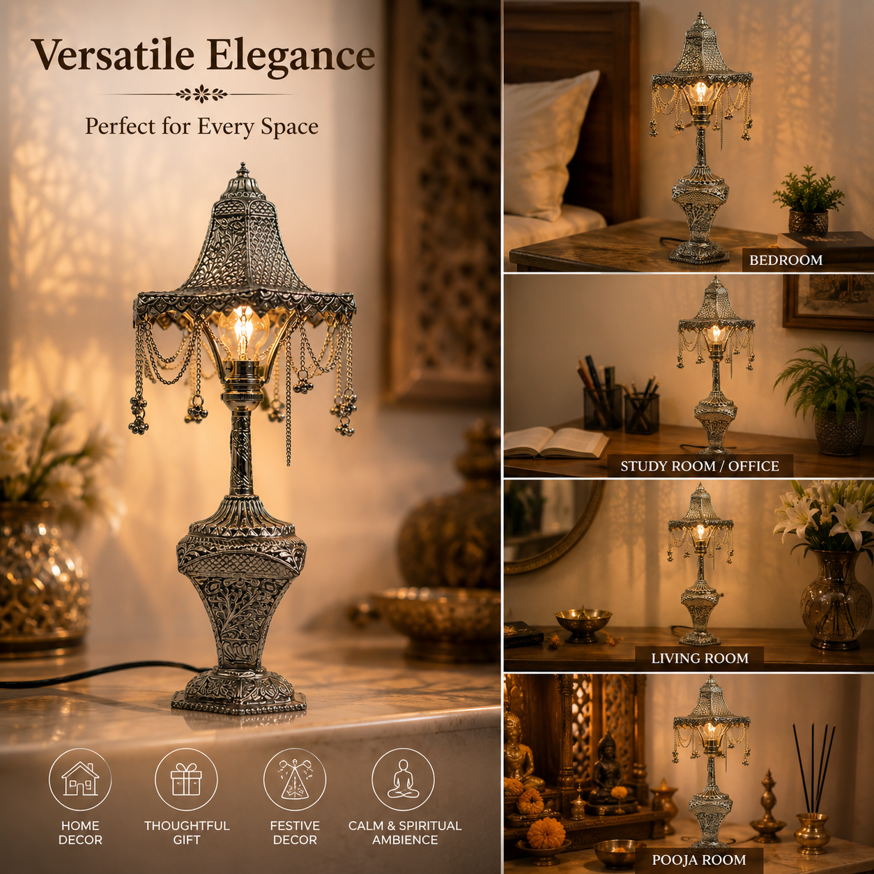 Moroccan Style Home Decor Table Lamp | Pure German Silver