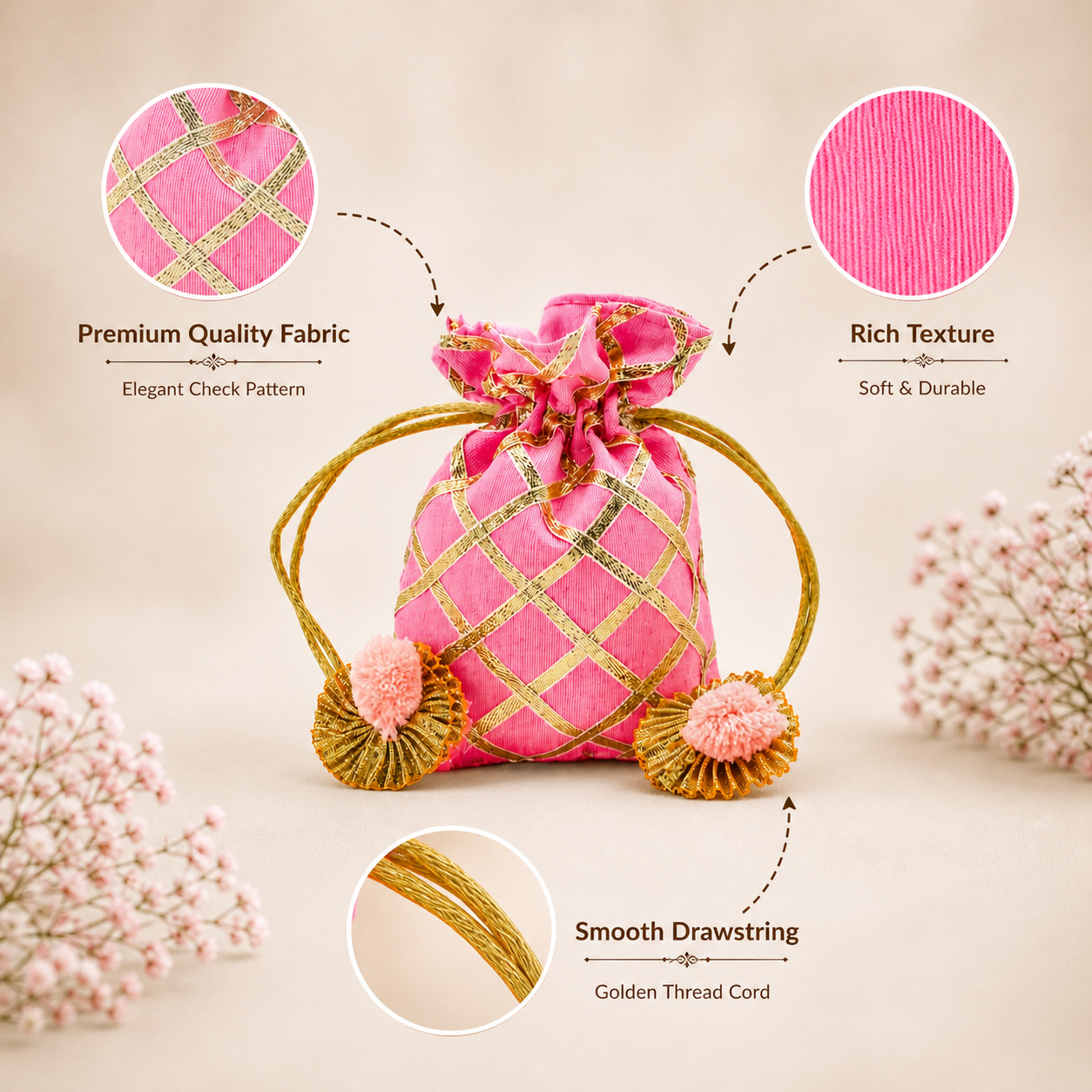 Designer Pink Potli Bag for Women | Gold Embroidered Bridal Wedding Purse