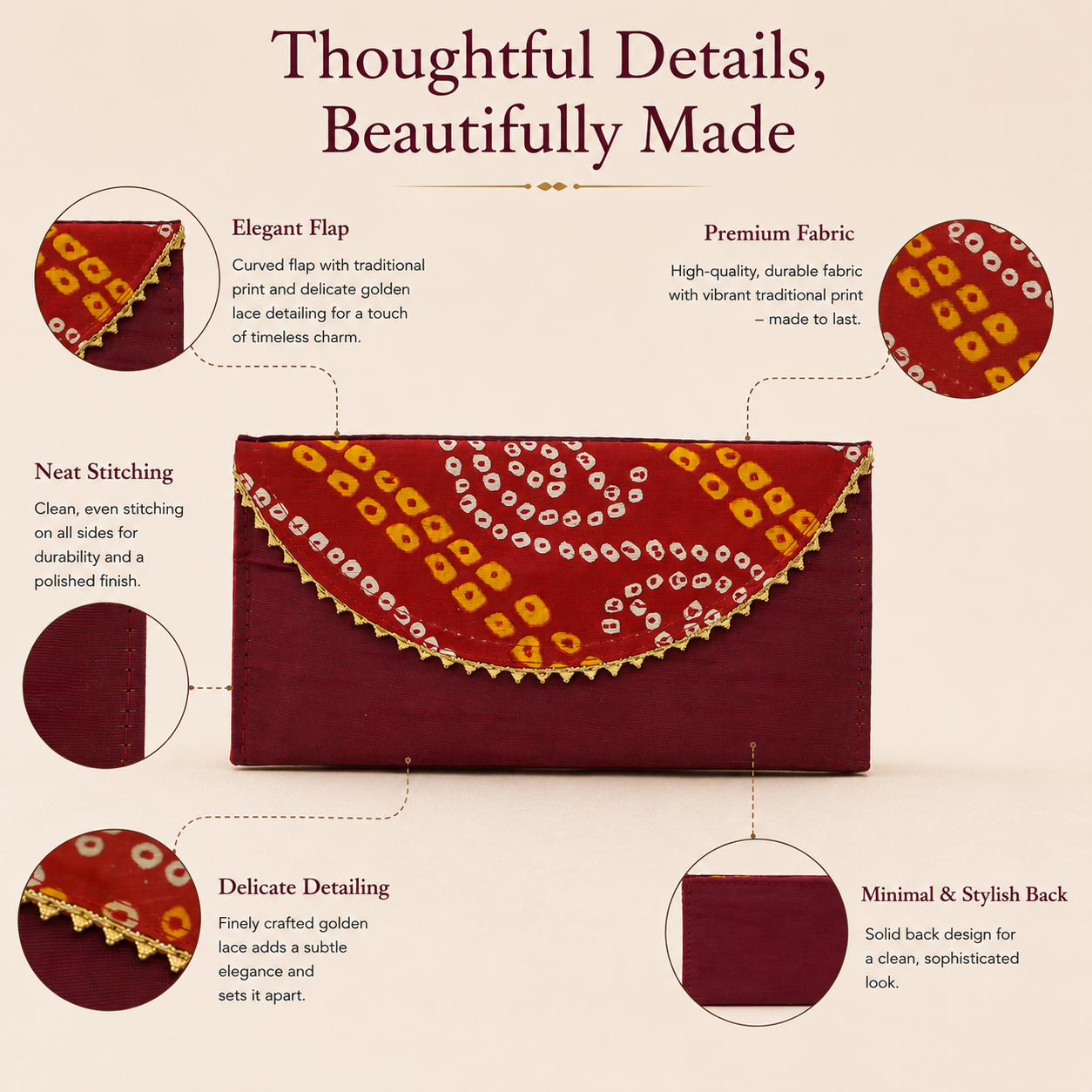 Bandhani Print Fabric Envelope Clutch Wallet with Flap Closure