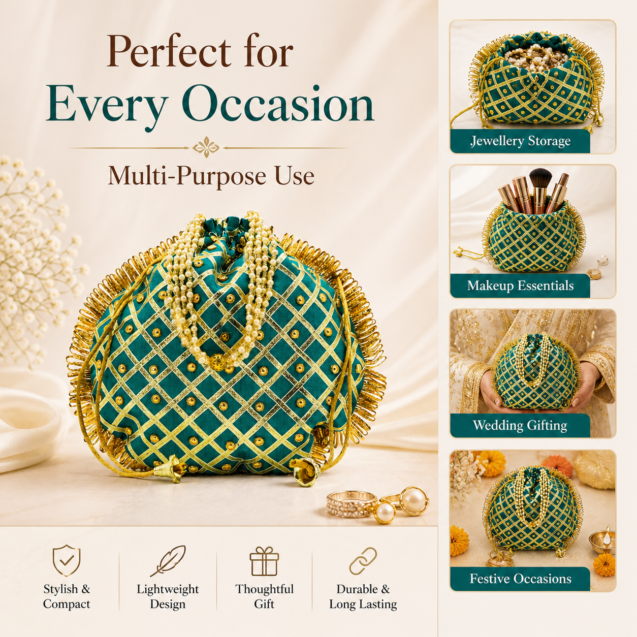Designer Teal Green Bridal Potli Bag | Wedding Purse for Women