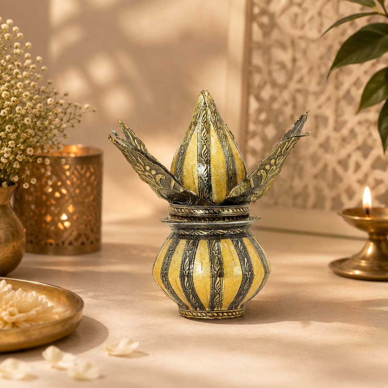 Decorative Metal Kalash with Coconut & Mango Leaves | Traditional Pooja Kalas