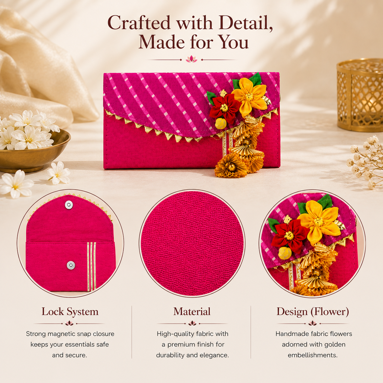 Designer Pink Floral Clutch Wallet for Women | Handmade Ethnic Envelope Purse